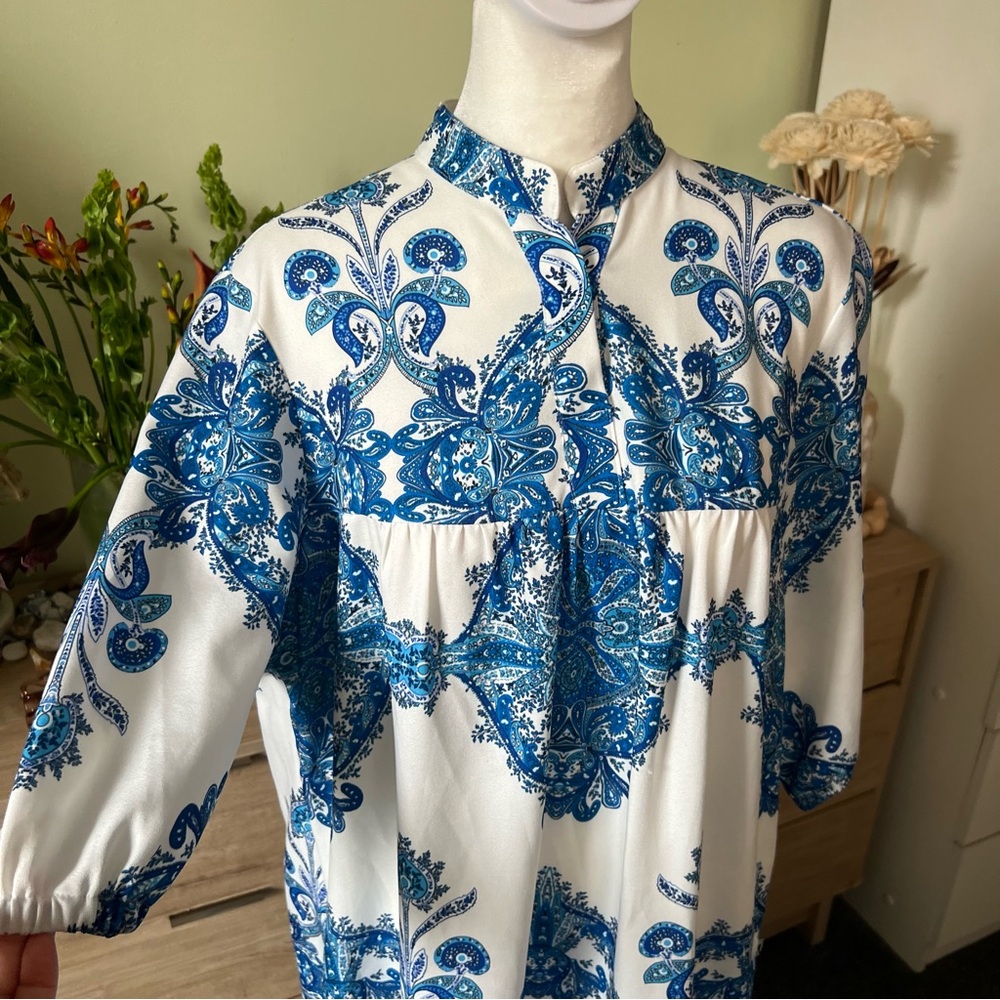 SHEIN Blue White Paisley Boho Peasant Tiered Modest 3/4 Sleeve Relaxed Fit Dress